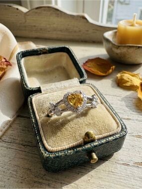 Citrine Halo Heart Shaped Ring in Silver-Tone Copper Adjustable